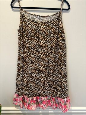 Leopard Print Slip Skirt with Pink Floral Hem